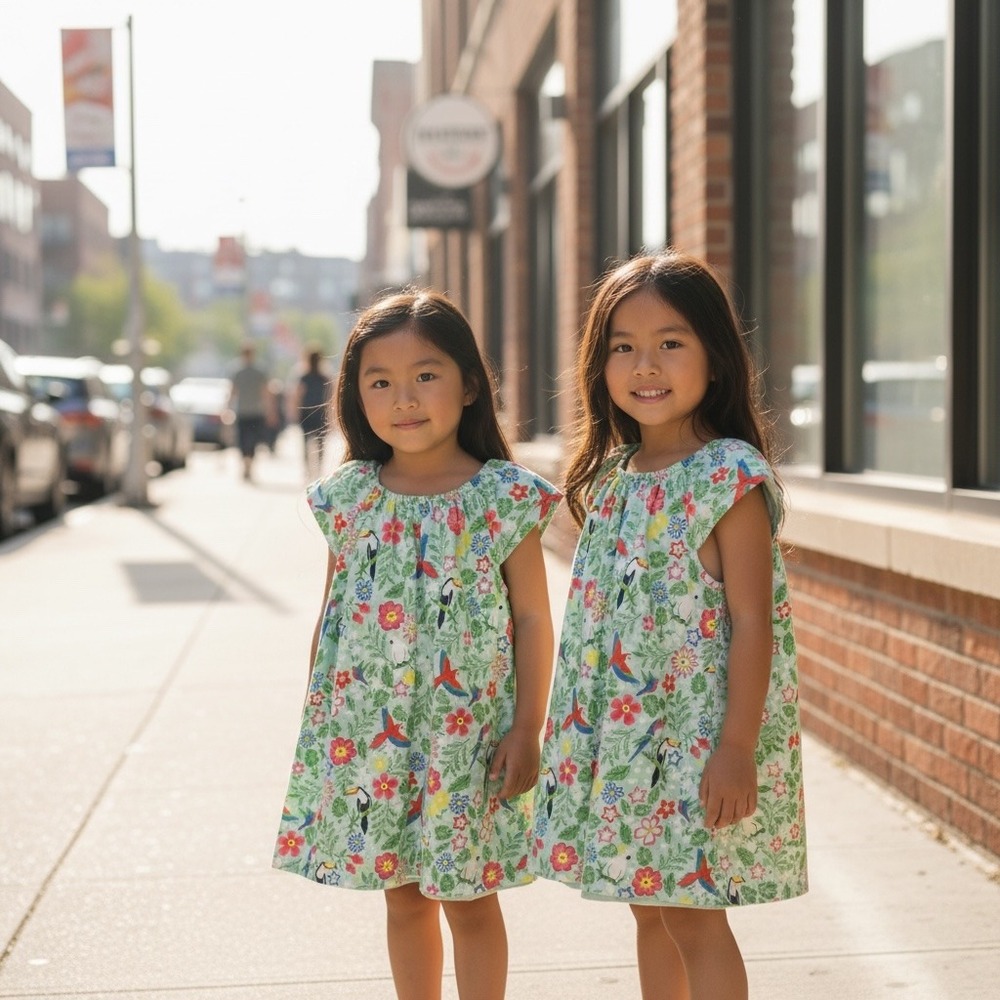 Frugi Dress Girls 2-3Y Green Reversible Tropical Bird Ric Rac Organic Cotton